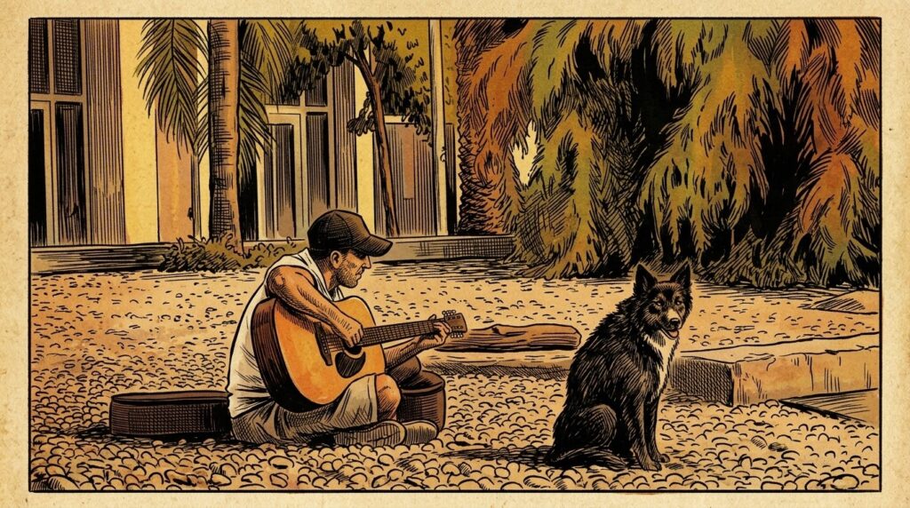 Image de style gravure sépia : un homme en casquette joue de la guitare assis sur un sol de galets, un chien noir assis à côté de lui, façade et arbres en arrière-plan