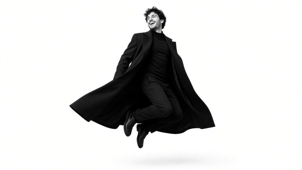 Homme en long manteau noir sautant sur fond blanc, illustration générée par IA dans l’esprit de Richard Avedon