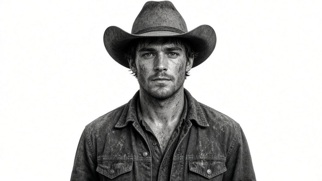 Jeune cow-boy poussiéreux, portrait frontal sur fond blanc, illustration générée par IA dans l’esprit de Richard Avedon