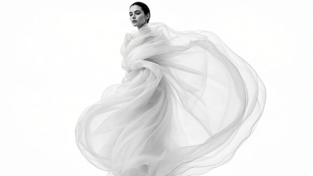 Mannequin en robe d’organza blanc en spirale sur fond blanc, illustration générée par IA dans l’esprit de Richard Avedon