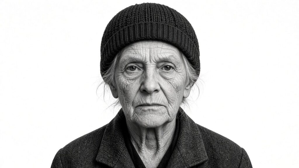 Portrait frontal d’une vieille femme au bonnet sur fond blanc, illustration générée par IA dans l’esprit de Richard Avedon