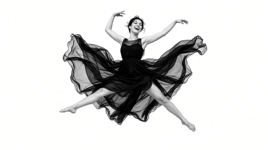 Danseuse en plein saut sur fond blanc, robe noire en mousseline déployée autour d’elle, portrait studio noir et blanc très net.
