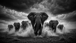 Troupeau d’éléphants chargeant vers l’objectif dans un nuage de poussière sous un ciel d’orage, vue au ras du sol en noir et blanc.