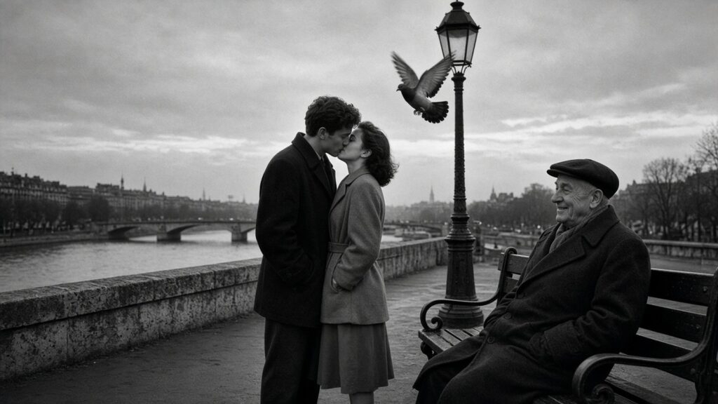 Baiser sur un pont de Paris, un pigeon s’envole, un vieil homme sourit, illustration générée par IA dans l’esprit de Robert Doisneau
