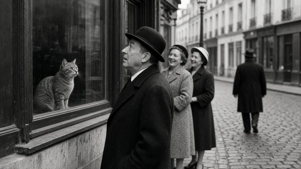 Monsieur au chapeau melon surpris par un chat derrière une vitrine, illustration générée par IA dans l’esprit de Robert Doisneau