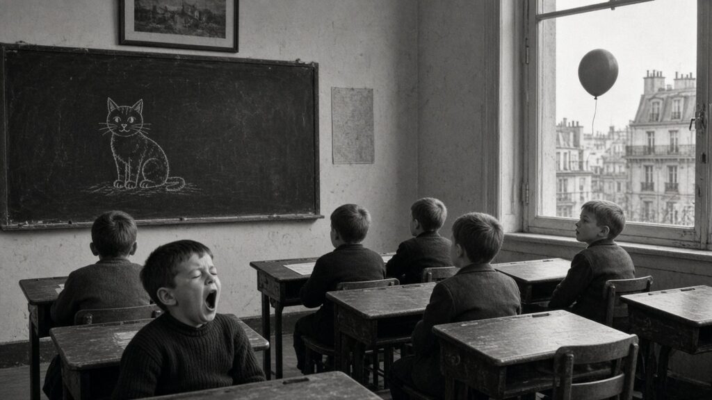 Salle de classe : un écolier bâille, un autre regarde un ballon par la fenêtre, illustration générée par IA dans l’esprit de Robert Doisneau
