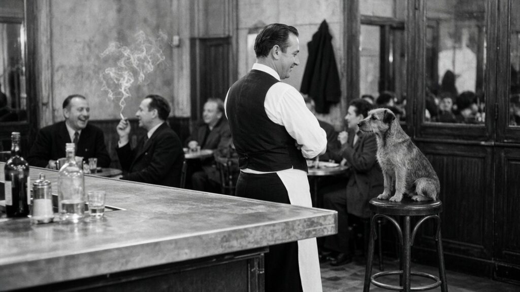 Bistrot parisien en noir et blanc, serveur souriant et petit chien assis sur un tabouret de bar, illustration générée par IA dans l’esprit de Robert Doisneau