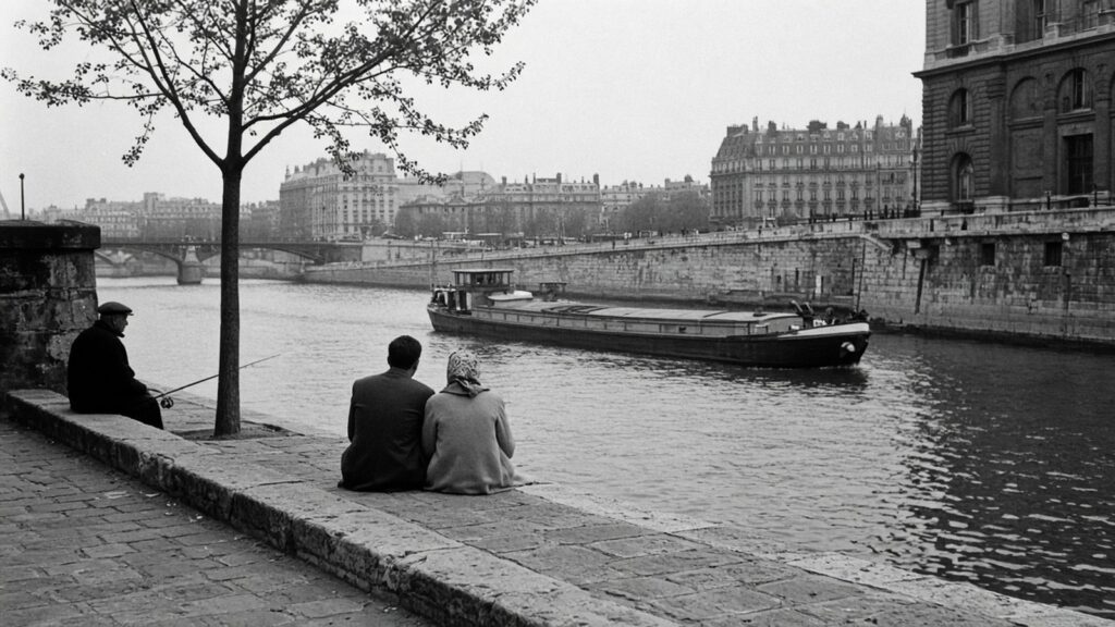 Quai de Seine : couple de dos, pêcheur, péniche et arbre, illustration générée par IA dans l’esprit de Henri Cartier-Bresson