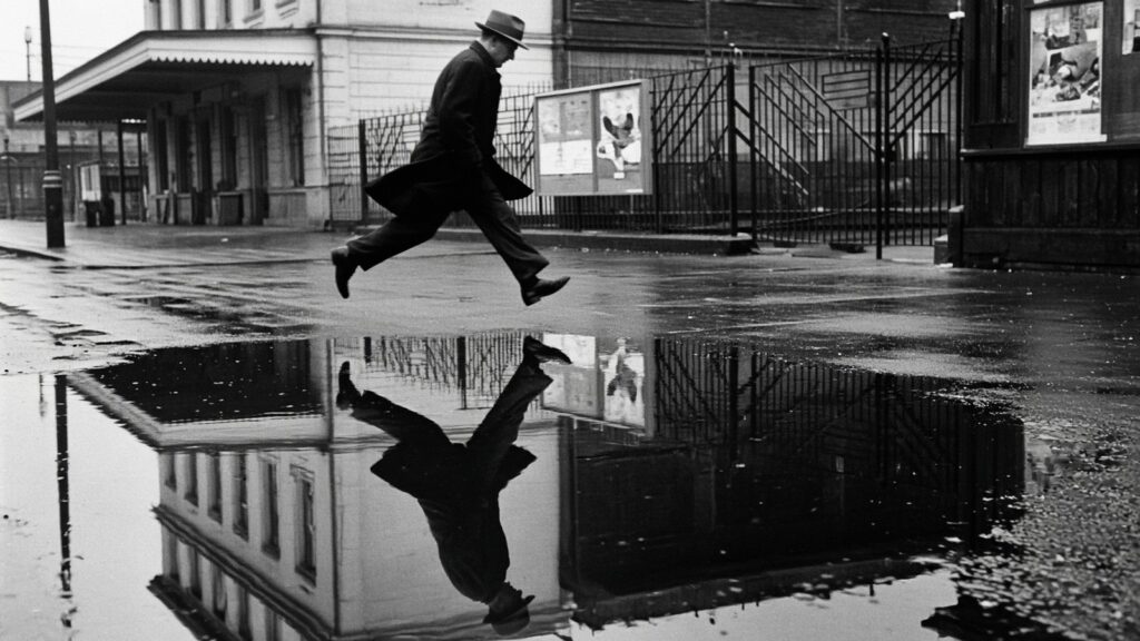Homme sautant au-dessus d’une flaque près d’une gare, son reflet dans l’eau, illustration générée par IA dans l’esprit de Henri Cartier-Bresson