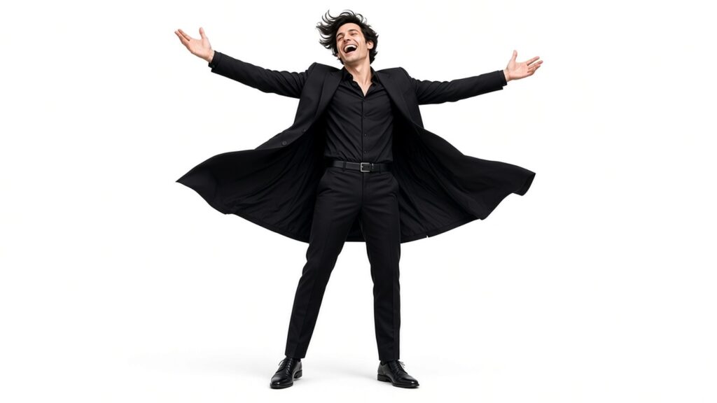 Homme en costume noir sur fond blanc, bras grands ouverts, veste qui s’envole et cheveux en mouvement, éclat de rire.