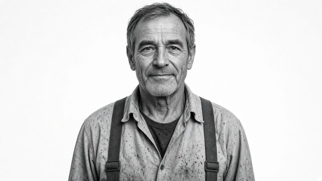 Portrait studio sur fond blanc d’un ouvrier d’une soixantaine d’années au visage buriné, chemise de travail et bretelles, regard droit.