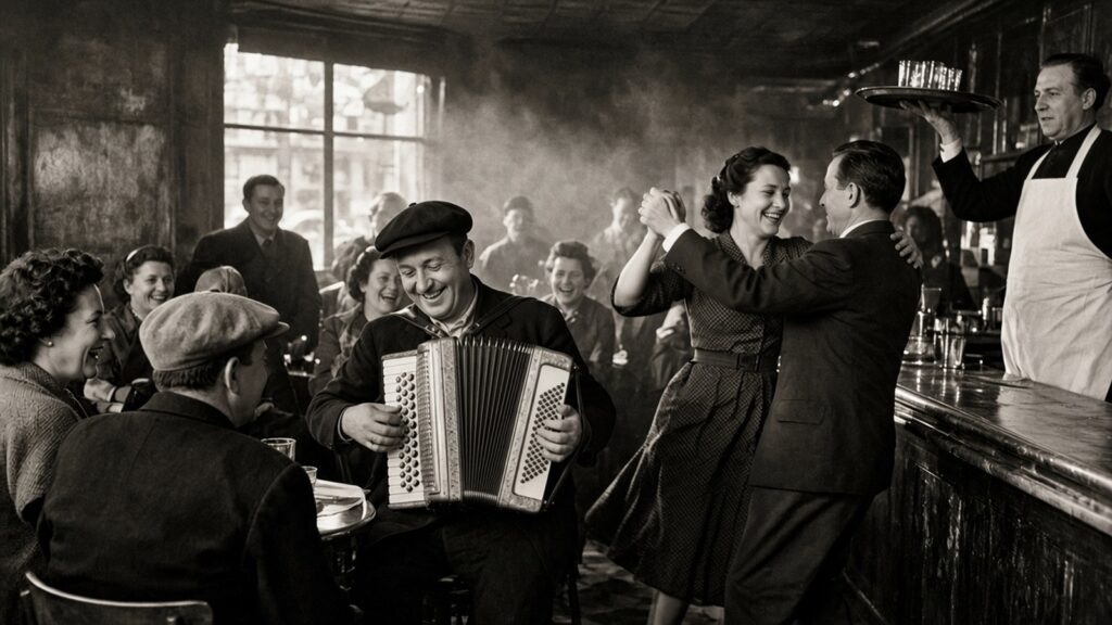Accordéoniste souriant dans un bistrot parisien animé des années 1950, un couple danse près du comptoir en zinc et un garçon porte un plateau de verres.