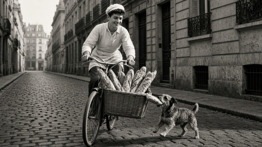Jeune mitron à vélo, panier rempli de baguettes, dans une rue pavée parisienne ; un petit chien chipe une baguette au passage.