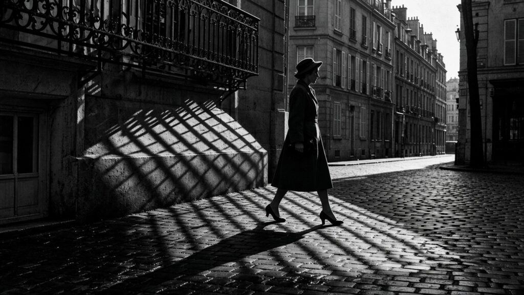 Rue parisienne en noir et blanc : les ombres d’un balcon en fer forgé dessinent un quadrillage sur les pavés, traversé par une passante en manteau et chapeau.