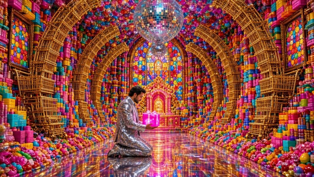 Chapelle baroque scintillante faite de boîtes, bonbons et caddies dorés sous une boule à facettes ; un homme en costume argenté s’agenouille avec un cadeau rose.