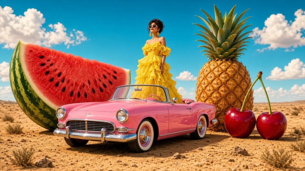Cabriolet rose bonbon dans un désert doré entouré de fruits géants – pastèque, ananas, cerises – avec une femme en robe à volants jaune debout sur le siège.