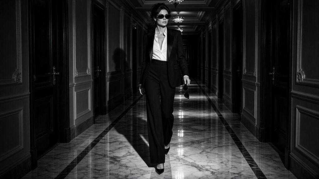 Femme élégante en smoking, lunettes de soleil à la main, avançant dans un long couloir d’hôtel de luxe au sol de marbre, noir et blanc au flash.