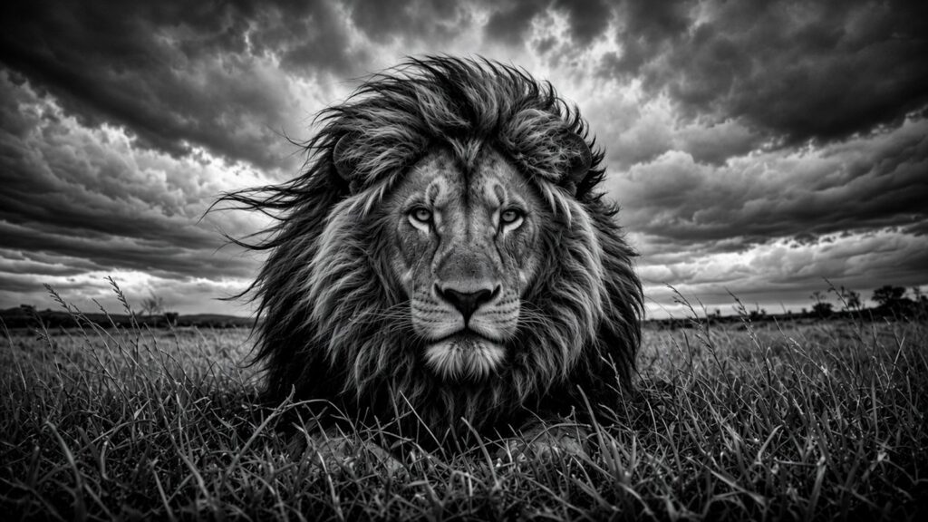 Lion couché dans l’herbe, crinière soulevée par le vent, fixant l’objectif sous un ciel tourmenté, noir et blanc au grand-angle.