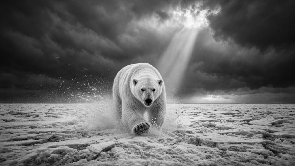Ours polaire avançant sur la banquise fissurée vers l’objectif sous un ciel de tempête percé d’un rai de lumière.