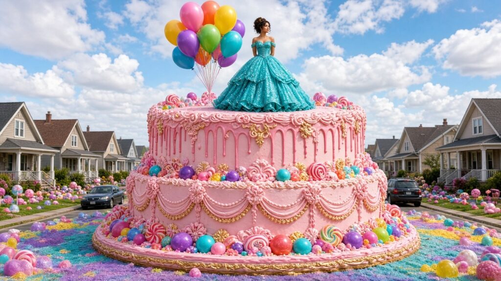 Gâteau rose géant dans une rue de banlieue, femme en robe turquoise au sommet, illustration générée par IA dans l’esprit de David LaChapelle