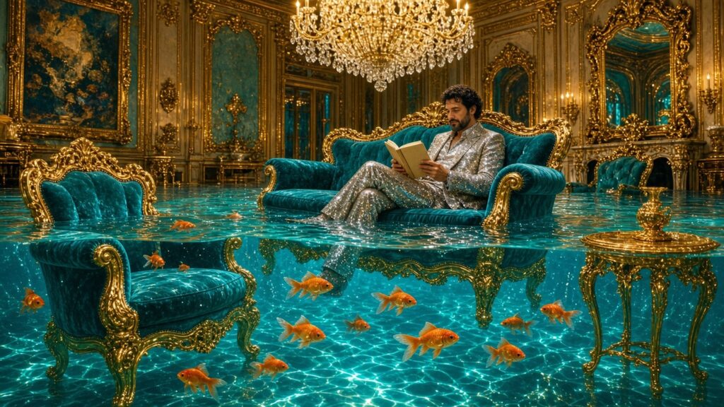 Salon baroque inondé, poissons rouges et lecteur en costume pailleté, illustration générée par IA dans l’esprit de David LaChapelle