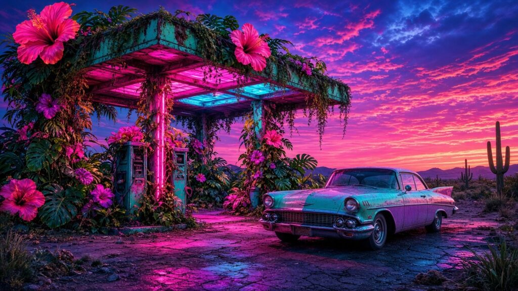 Station-service abandonnée envahie de fleurs géantes, néons et voiture pastel, illustration générée par IA dans l’esprit de David LaChapelle