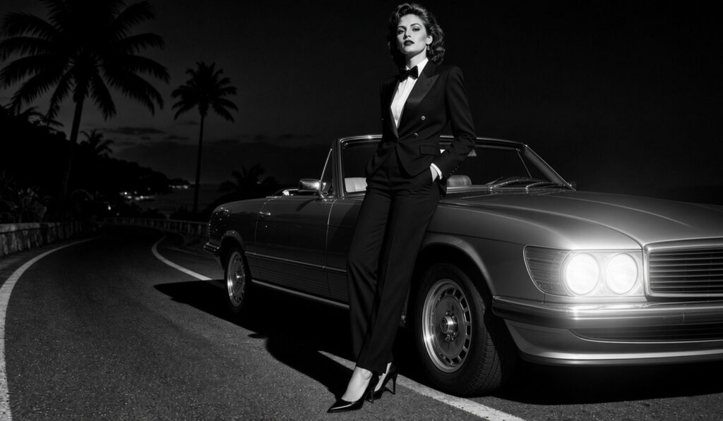 Femme en smoking adossée à un cabriolet, nuit sur une route de la Riviera, illustration générée par IA dans l’esprit de Helmut Newton