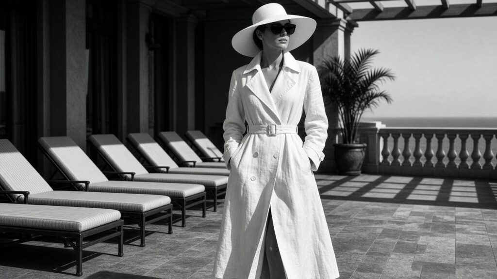 Femme en trench blanc et capeline sur une terrasse d’hôtel en plein soleil, illustration générée par IA dans l’esprit de Helmut Newton