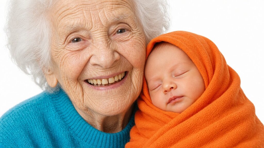 Une femme centenaire souriante en pull turquoise, joue contre joue avec un nouveau-né endormi emmailloté dans une couverture orange, sur fond blanc, illustration générée par IA dans l’esprit d’Oliviero Toscani