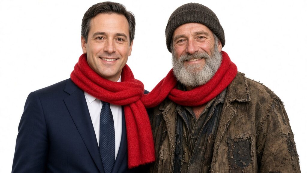 Un homme d’affaires en costume et un sans-abri barbu partageant la même écharpe rouge, fiers et souriants sur fond blanc, illustration générée par IA dans l’esprit d’Oliviero Toscani