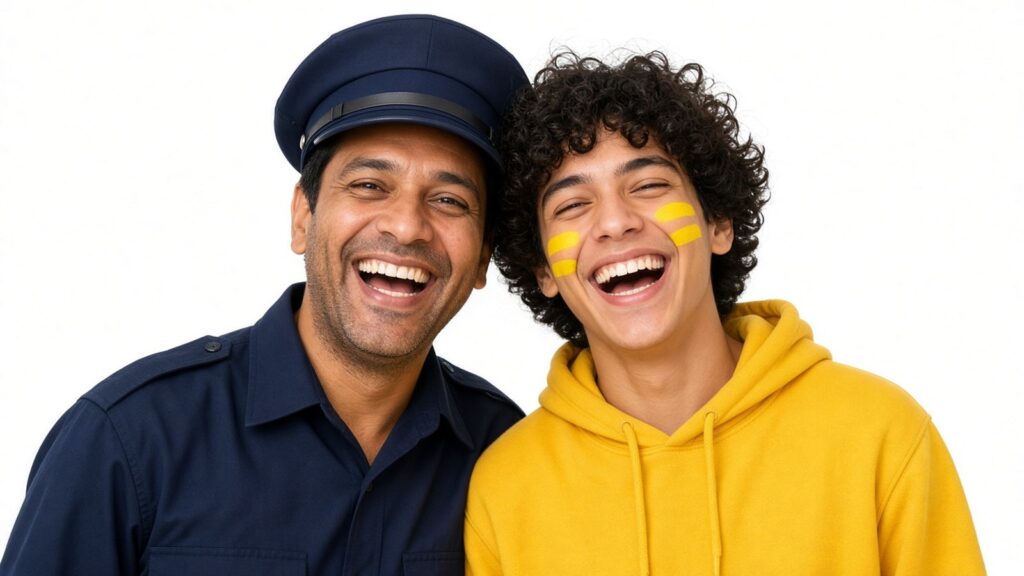 Un policier en uniforme bleu marine et un jeune manifestant en sweat jaune aux joues peintes, riant ensemble épaule contre épaule sur fond blanc, illustration générée par IA dans l’esprit d’Oliviero Toscani