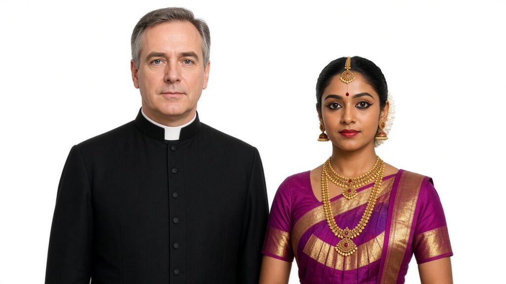 Un prêtre catholique en soutane noire et une danseuse indienne de bharatanatyam en costume magenta et or, côte à côte, fixant l’objectif sur fond blanc, illustration générée par IA dans l’esprit d’Oliviero Toscani