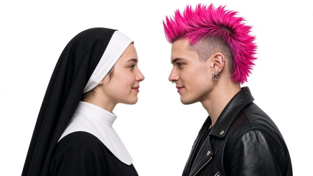 Une religieuse et un jeune punk à la crête rose vif, face à face de profil, se regardant avec un sourire complice sur fond blanc, illustration générée par IA dans l’esprit d’Oliviero Toscani