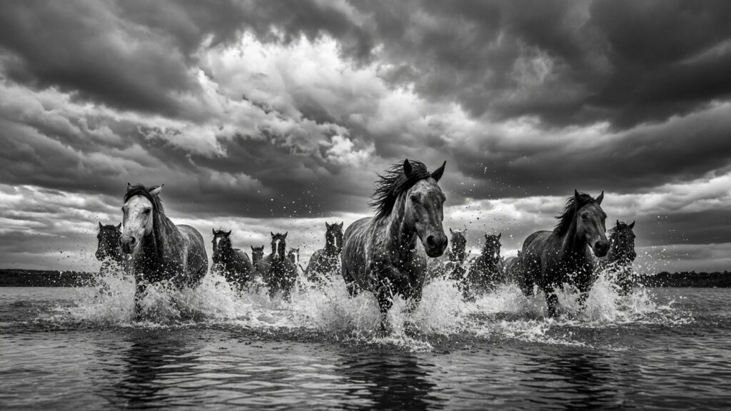 Chevaux sauvages galopant dans l’eau sous un ciel d’orage, illustration générée par IA dans l’esprit de David Yarrow