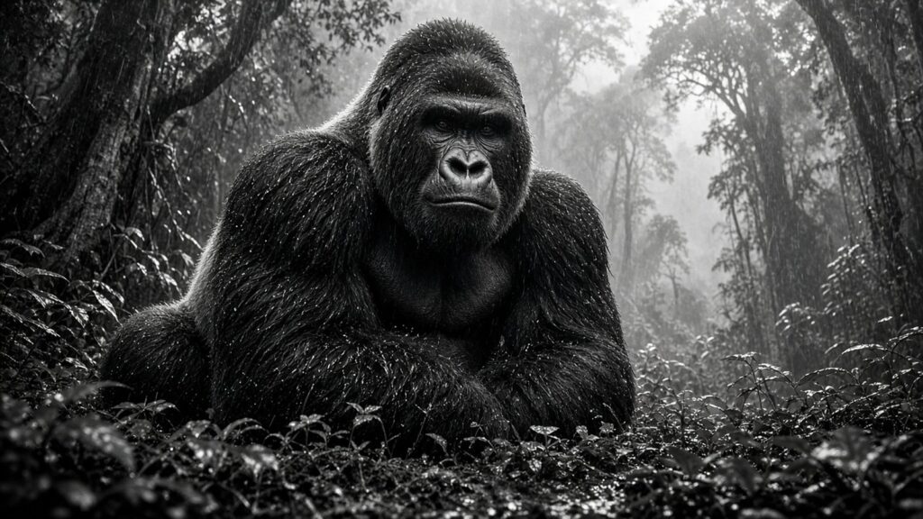 Gorille assis sous la pluie dans la forêt tropicale, illustration générée par IA dans l’esprit de David Yarrow