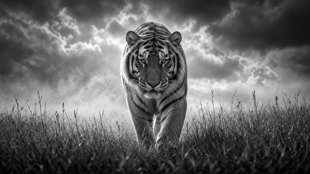 Tigre marchant vers l’objectif dans les hautes herbes, illustration générée par IA dans l’esprit de David Yarrow
