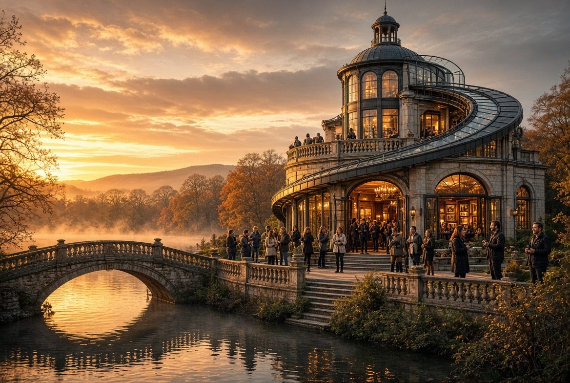 Pavillon à coupole de verre au bord d’une rivière brumeuse au coucher du soleil, membres du club réunis sur la terrasse et les marches, près d’un pont de pierre en arc