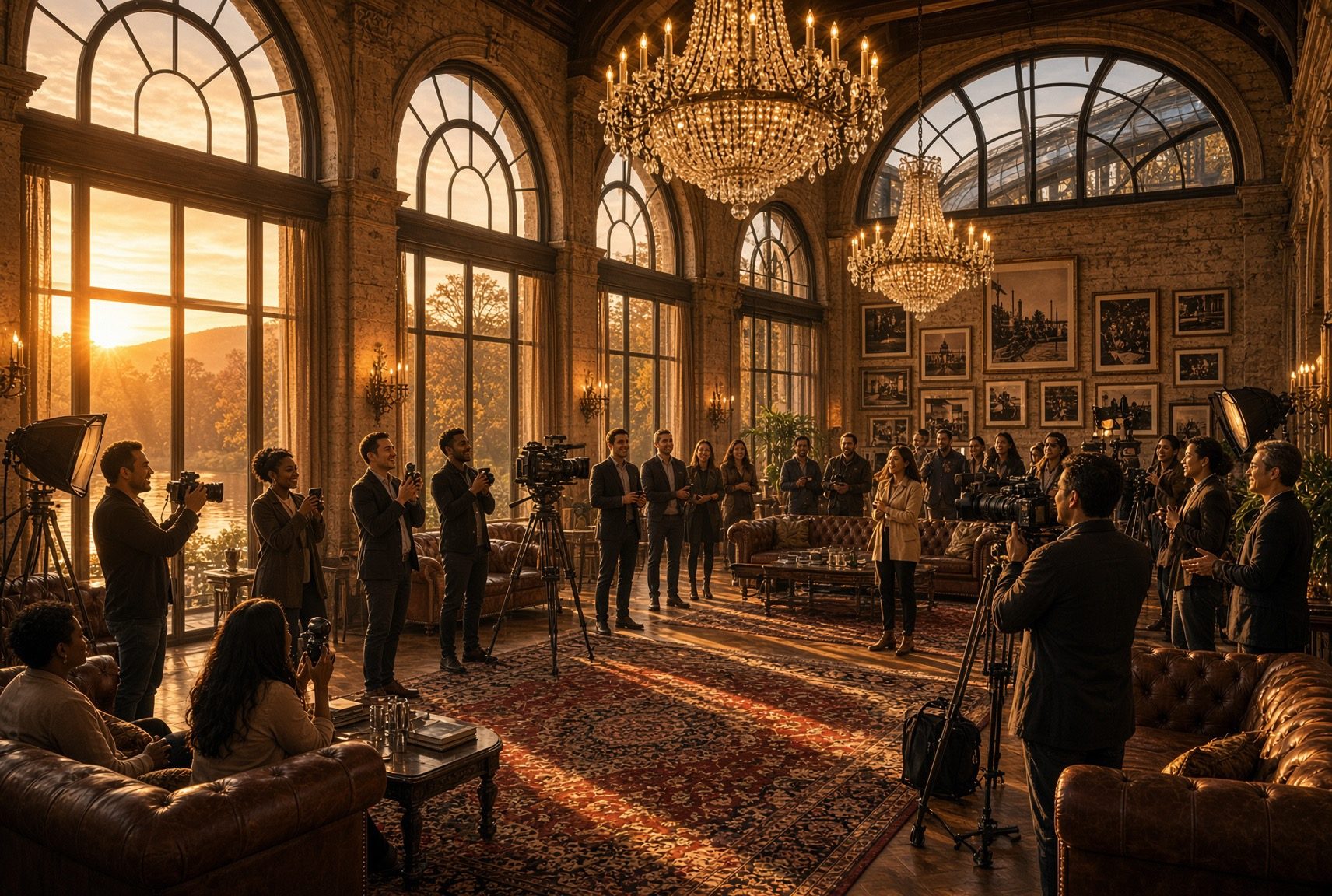 Grand salon du club à l’heure dorée : hautes fenêtres en arc, lustres, photos encadrées sur un mur de briques, canapés Chesterfield en cuir et membres qui photographient et filment avec des caméras sur trépied