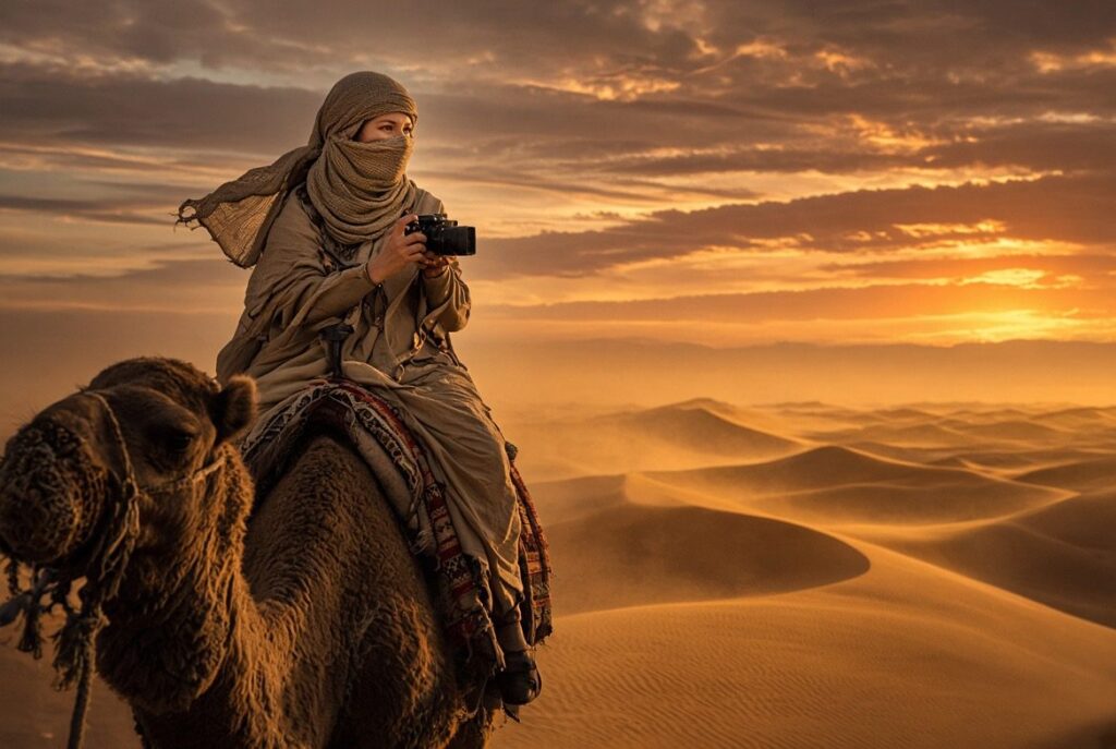 Avant : femme voilée à dos de chameau tenant un appareil photo, cadrage serré coupant le museau du chameau sur le bord gauche, dunes au coucher du soleil
