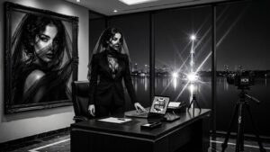 Portrait en noir et blanc d’une femme en tailleur noir et voilette dans un bureau, grand portrait encadré, appareil photo sur trépied et ville nocturne aux lumières étoilées