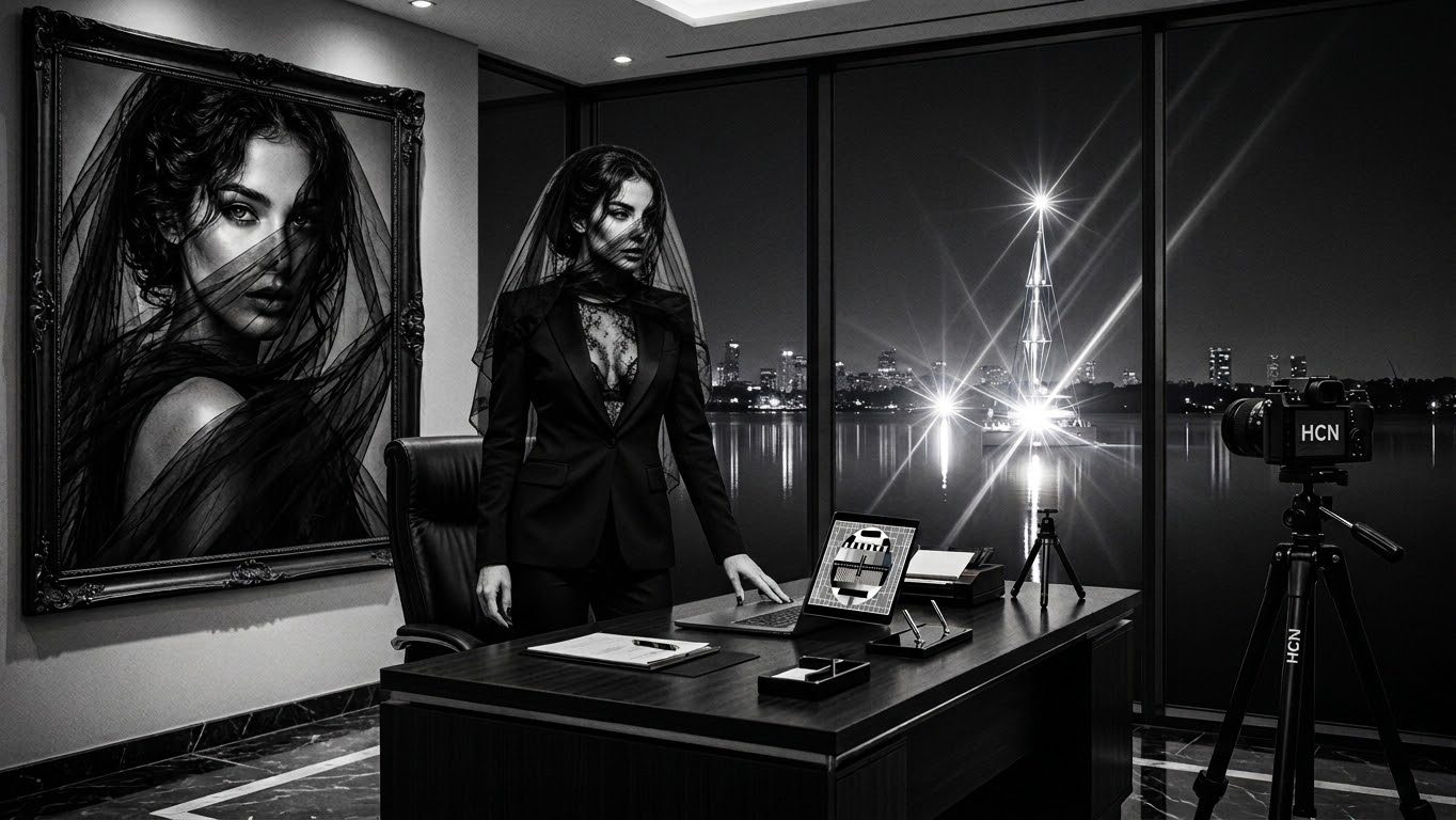 Portrait en noir et blanc d’une femme en tailleur noir et voilette dans un bureau, grand portrait encadré, appareil photo sur trépied et ville nocturne aux lumières étoilées